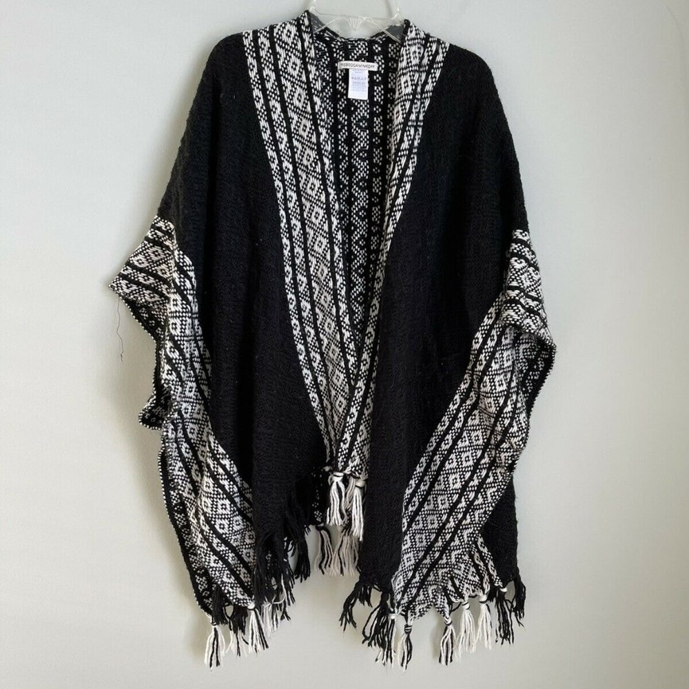 Rebecca Minkoff Black White Fringed Knit Poncho